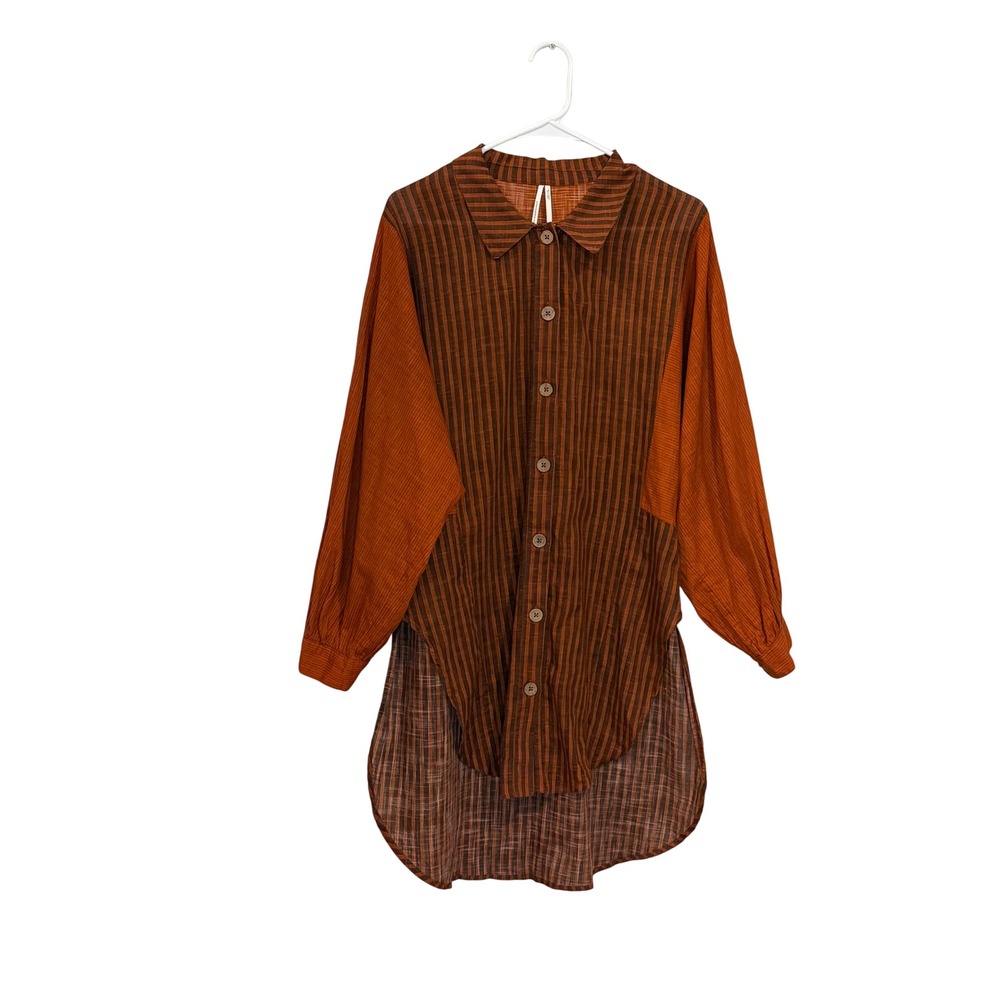 Anthropologie Gauze Striped Mixed Media Tunic Shirt Lagenlook Rust Brown Large